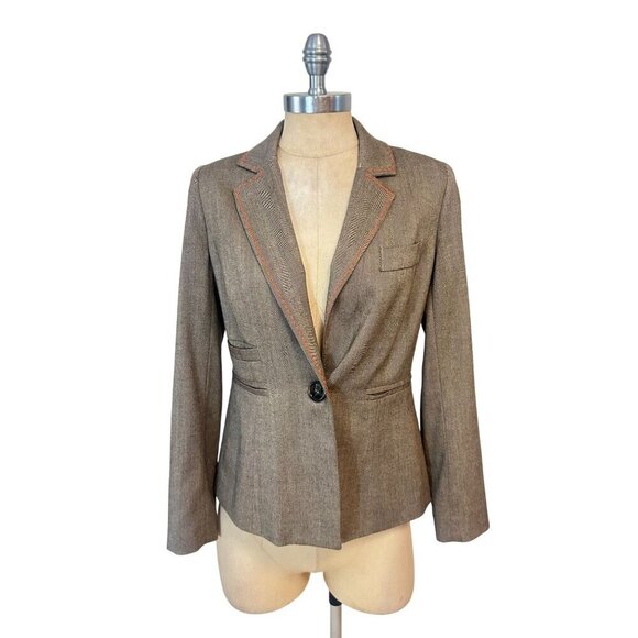Milly  New York Brown Herringbone Blazer With Orange Stitching Size 4 - Picture 1 of 5
